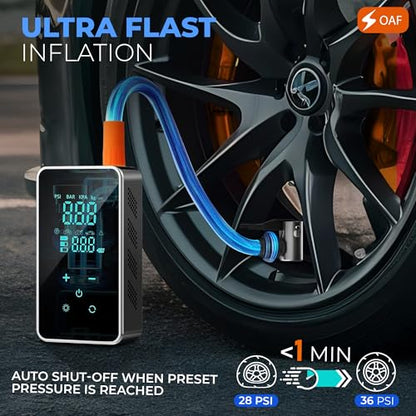 OAF Portable Tire Inflator Air Compressor – Cordless 150 PSI Digital Car Tire Pump with Auto Shut-Off, LED Light & Nozzles for Car, Motorcycle, Bike, Balls & Inflatables