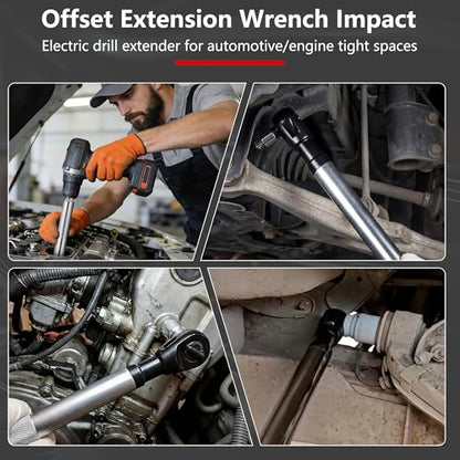 1/2" Offset Extension Wrench, Impact Ratchet Extender for Electric Drill with 6 Adapters & Sockets(3/8" 1/4" 1/2" )& 1/2'' Impact Adapter, High Torsion Wrench Set Slim Design for Tight Narrow Spaces - color: Sliver