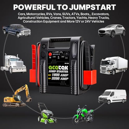 24V / 12V Jump Starter, acetek 1600/3200 Peak Amp Battery Jump Starter for Truck Car Tractor Excavator, Heavy Duty Jump Box Battery Pack with USB and DC Output