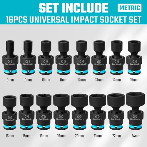 DURATECH 3/8" Drive Impact Swivel Socket Set, 16 Pieces Shallow Universal Impact Socket Set with Flexible Wobble, Metric, Cr-Mo Steel, 6 Points, Organized in Sturdy Storage Case(8-24mm) - style: 16 PCS Metric 3/8" Dr.