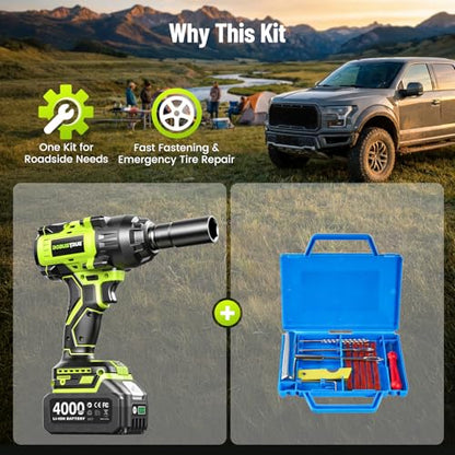 Robustrue 1400N.m (1032ft-lbs) Cordless Impact Wrench, 1/2" Brushless High Torque Impact Gun, 11Pcs Tire Repair Kit, 2x4000 mAh Batteries, Fast Charger, Impact Driver for Car Home/Truck RV/Mower - size: 1400N.m