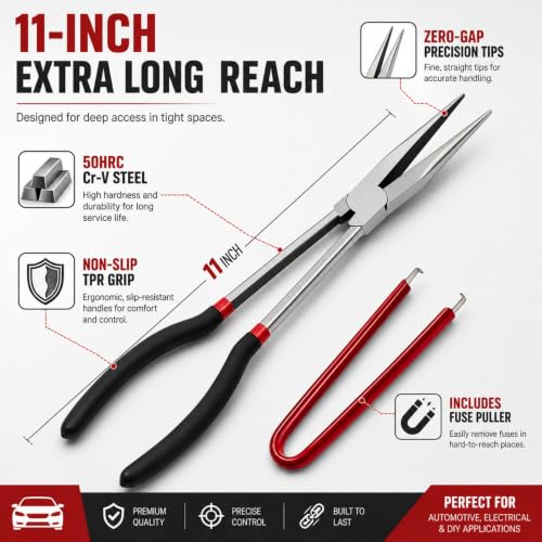 11-Inch Extra Long Needle Nose Pliers with Fuse Puller, Long Reach Heavy Duty Cr-V Steel, Non-Slip TPR Grip, Wire Cutter, for Electrician, Automotive Repair, Jewelry Making, Electronics, 3D Printing