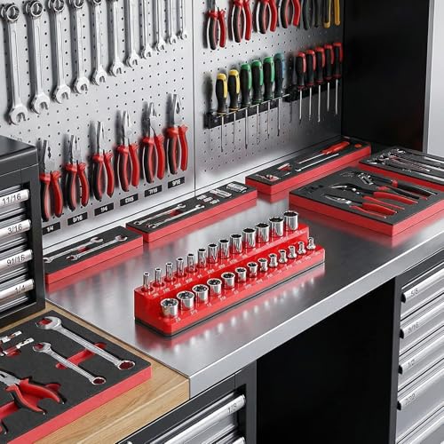 Magnetic Socket Organizer Set, 8PCS Socket Holder Organizer with 6 Socket Trays & 2 Wrench Racks, 1/4", 3/8", 1/2" Metric & SAE Tool Box Organizer for Garage, Toolbox, (Socket, Wrench not Included) - size: 8Pcs Socket Set