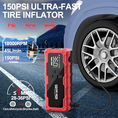 7000A Jump Starter with Air Compressor, 21800mAh 150PSI Portable Car Battery Jump Starter (All Gas/16L Diesel), 12V Supersafe Jump Box Car Battery Booster with Jumper Cables, Lights - size: M