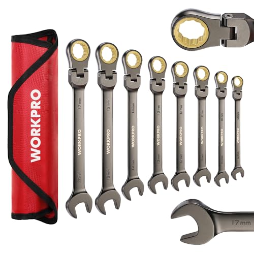 WORKPRO 8-piece Flex-Head Ratcheting Combination Wrench Set, Metric 9-17 mm, 72-Teeth, Cr-V Constructed, Nickel Plating with Organization Bag - size: Metric, style: Nickel Plating