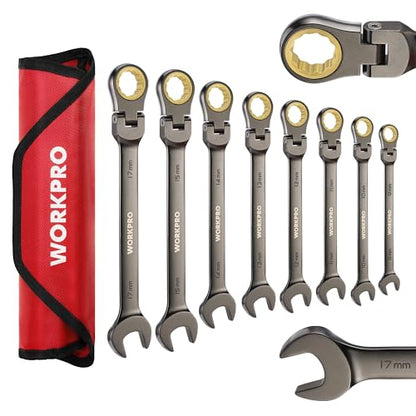 WORKPRO 8-piece Flex-Head Ratcheting Combination Wrench Set, Metric 9-17 mm, 72-Teeth, Cr-V Constructed, Nickel Plating with Organization Bag - size: Metric, style: Nickel Plating