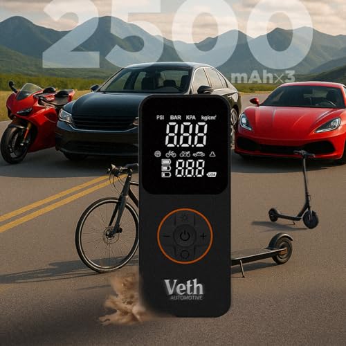 VT05 Portable Tire Inflator, 150 PSI Cordless Air Pump | 2500mAh, Triple Battery, Auto Shut-Off, LED Display, USB-C Out, for Car Motorcycle Bike Balls, Inflates in 1 Min