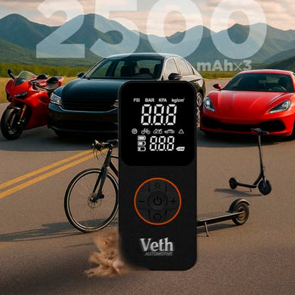 VT05 Portable Tire Inflator, 150 PSI Cordless Air Pump | 2500mAh, Triple Battery, Auto Shut-Off, LED Display, USB-C Out, for Car Motorcycle Bike Balls, Inflates in 1 Min