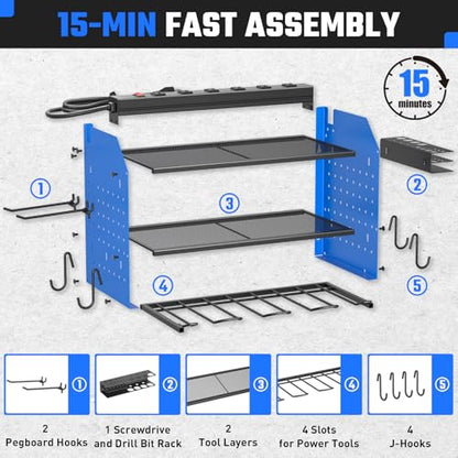 ZESEN Power Tool Organizer with Charging Station, Heavy Duty 4 Layer Drill Holder Wall Mount Garage Shelf Rack with 6 Outlet Power Strip, Tool Shelf with Hooks, Drill Bit Rack for Garage, Blue - color: Blue