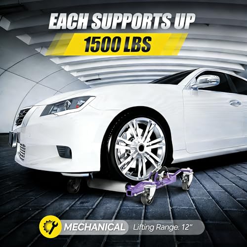 TUFFIOM Car Wheel Dolly Set of 4, Mechanical 6000-lbs Car Dollies, 12'' Wheel Vehicle Positioning Jack, No Assembly, Heavy Duty Rollers w/Ratcheting Foot Pedal, for Tire Auto Repair, Purple - color: Purple-Silver,Set of 4