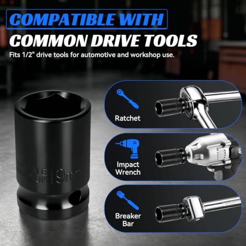2PCS 19mm Impact Socket 1/2" Drive, 6 Point Metric Shallow Socket, CR-V Steel Heavy Duty Impact Wrench Socket for Automotive Repair - size: 19mm