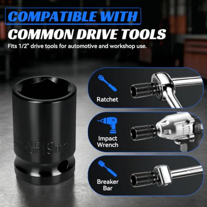 2PCS 19mm Impact Socket 1/2" Drive, 6 Point Metric Shallow Socket, CR-V Steel Heavy Duty Impact Wrench Socket for Automotive Repair - size: 19mm