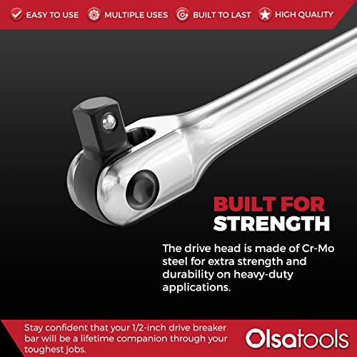 Olsa Tools Breaker Bar - 1/2-Inch Drive - 25" Length with 180° Flex Head - Spring-Loaded Ball - Heavy-Duty Cr-V Steel - Ideal for Automotive, Nuts, and Bolts - Part: 1276
