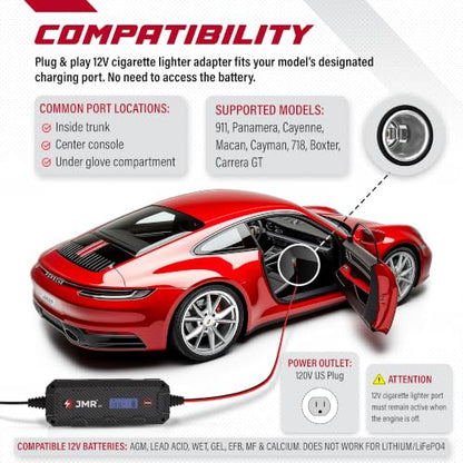 JMR 12V Battery Charger for Porsche, 12V Cig. Port, No Lithium Mode | Trickle Charger Conditioner Maintainer For 911 Panamera Cayenne Macan Cayman 718 Boxter All Models - size: No Lithium Mode