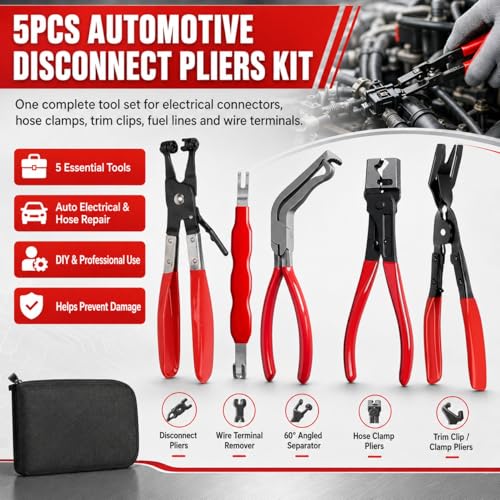 Automotive Electrical Disconnect Pliers Kit 5pc Fuel Line Tool Set Hose Clamp 60° Angled Connector Separator Trim Clip Removal Tools Plug Release & Wire Terminal Remover for Auto Repair