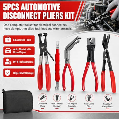Automotive Electrical Disconnect Pliers Kit 5pc Fuel Line Tool Set Hose Clamp 60° Angled Connector Separator Trim Clip Removal Tools Plug Release & Wire Terminal Remover for Auto Repair