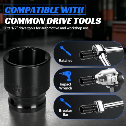 2PCS 27mm Impact Socket 1/2" Drive, 6 Point Metric Shallow Socket, CR-V Steel Heavy Duty Impact Wrench Socket for Automotive Repair - size: 27mm