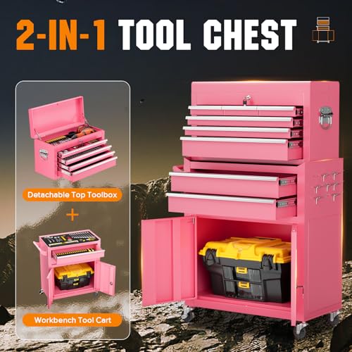 Oakcloud Heavy-Duty 8-Drawer Rolling Tool Chest & Cabinet Combo with Black Liner – Lockable Steel Garage Tool Box on Wheels – Detachable Top Toolbox & Bottom Storage Cart with Side Hooks, Pink - color: Pink, size: 8-Drawer