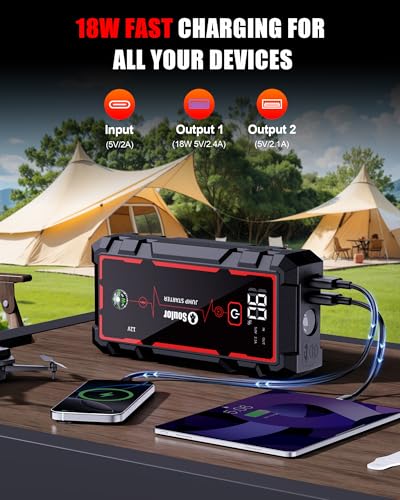 5000A Jump Starter Car Jumper Starter Portable Battery Booster Pack Jump Box with LED Display, LED Light and Jumper Cables(10.0L Gas and 10.0L Diesel) - color: 5000A