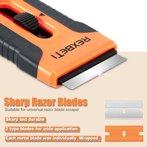 REXBETI Razor Blade Scraper Tool, 2 Pack Razor Scraper Set with Extra 80Pcs Razor Blades -30Pcs Metal and 50Pcs Plastic Blades, Cleaning Scraper Tool, Cooktop, Paint, Glass Scraper - style: Original 2 Pack
