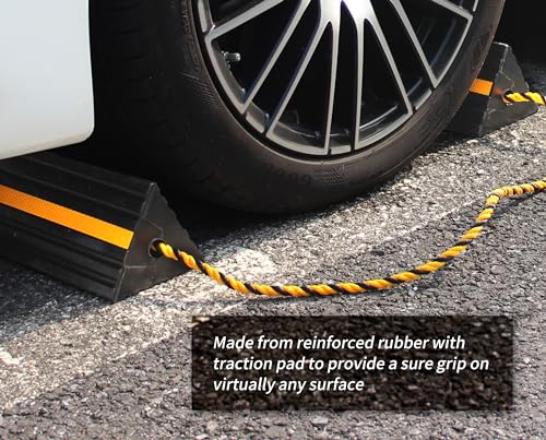 MaxxHaul 50019 Heavy Duty 3-Sided Rubber Wheel Chock with Yellow Reflective Strips and Nylon Rope and Non-Slip Base - 1 Pair - style: Rubber Wheel Chock