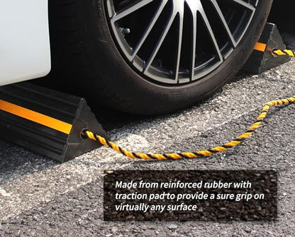 MaxxHaul 50019 Heavy Duty 3-Sided Rubber Wheel Chock with Yellow Reflective Strips and Nylon Rope and Non-Slip Base - 1 Pair - style: Rubber Wheel Chock