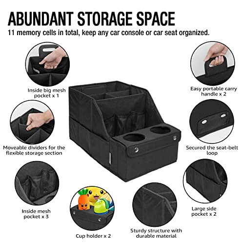 MULISOFT Car Seat Organizer- Backseat Car Organizer with 11 Storages Compartments and 2 Cup Holders, Organizers and Storage, Front Seat for Travel Kids,Black | Made from durable Oxford fabric with a waterproof surface, anti-slip buckles, and a foldable de