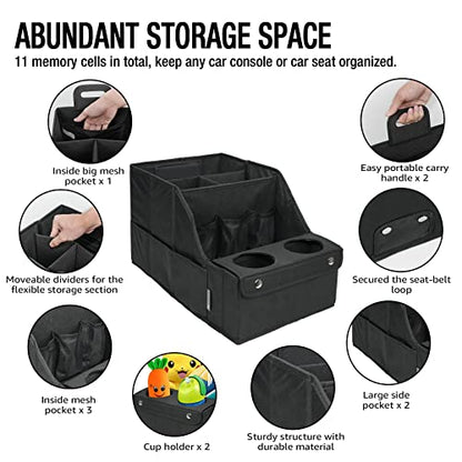 MULISOFT Car Seat Organizer- Backseat Car Organizer with 11 Storages Compartments and 2 Cup Holders, Organizers and Storage, Front Seat for Travel Kids,Black | Made from durable Oxford fabric with a waterproof surface, anti-slip buckles, and a foldable de