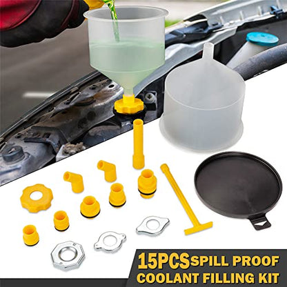 15-Piece Radiator Coolant Funnel Kit Spill Cooling System Funnel with 5 Adapters 4 Caps 2 Elbows Fluid Stopper for Most Vehicle
