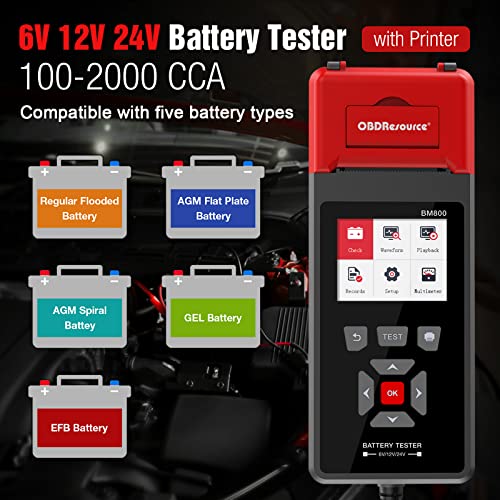 ELMCONFIG Car Battery Tester with Printer, 6V 12V 24V Battery Load Tester | 100-2000 CCA, with Car Cranking and Charging System Analyzer Scan Tool for Cars, Trucks & Motorcycles, 3PCS Thermal Paper - color: Black + Grey