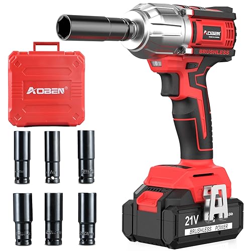 AOBEN 21V Cordless Impact Wrench 1/2 inch, Powerful Brushless Motor with Max Torque 450 ft-lb (600N.m), 4.0Ah Battery, 6 PCS Sockets (17-22mm), Fast Charger and Tool Case - color: Ab7336