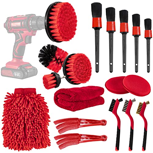 Amiss 18 PCS Car Cleaning Tools Kit, Car Detailing Brush Set with Driller Attachment Set, Car Wash Kit, Car Cleaning Brushes for Cleaning Interior, Exterior, Wheels, Etc. (Red)