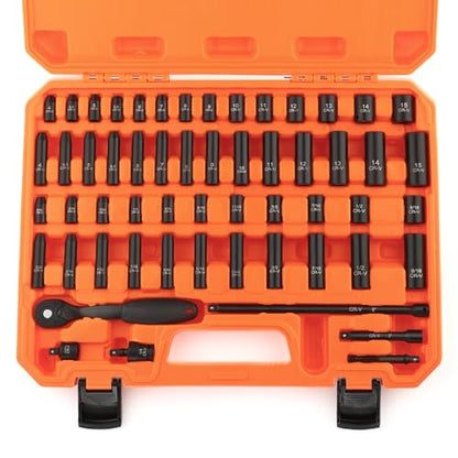 1/4" Drive Impact 56-Piece Socket Set, Standard SAE (5/32 to 9/16 inch) & Metric (4-15mm), 6 Points, CR-V, 1/4-Inch Drive Ratchet Handle, Drive Extension Bar & Impact Universal Joint with Case - style: 1/4" 56-Piece Impact Socket Set