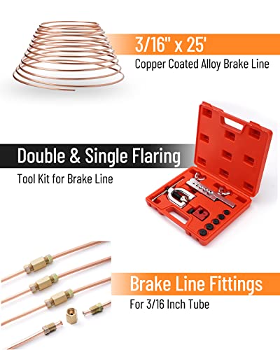 25 ft 3/16" Copper Coated Brake Line Kit +Tube Bender (Includes 16 Fittings and 4 Unions Brake Line Fittings) + Brake Line Double & Single Flaring Tool Kit