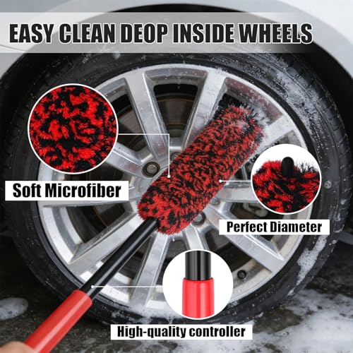 4PCS Long Handle Wheel Brush Kit,Bendable and Durable Wheel Rim Cleaner Brush Set Red - size: 4PCS