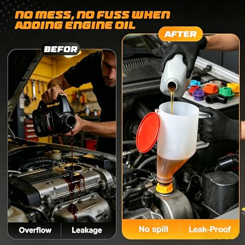 VCC 17-Piece No-Spill Oil Funnel Kit, 1.5QT Engine Oil Change & Refill Funnel with 12 Threaded Adapters, Leak-Proof Oil Filling Tool for Cars, Trucks, SUVs, Motorcycles & ATVs