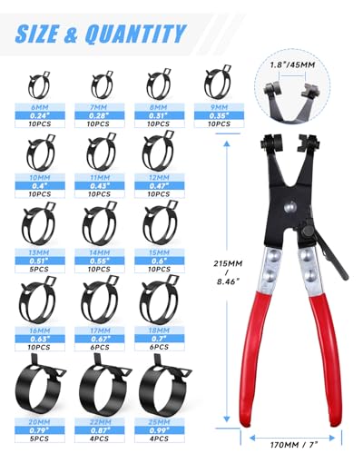 130Pcs 6-25mm Spring Hose Clamps Assortment Kit with Swivel Flat Hose Clamp Plier for Automotive, Plumbing & DIY Projects - Durable Constant Tension Steel Design for Low Pressure Air - size: Black-130Pcs-16Size(6-25mm)