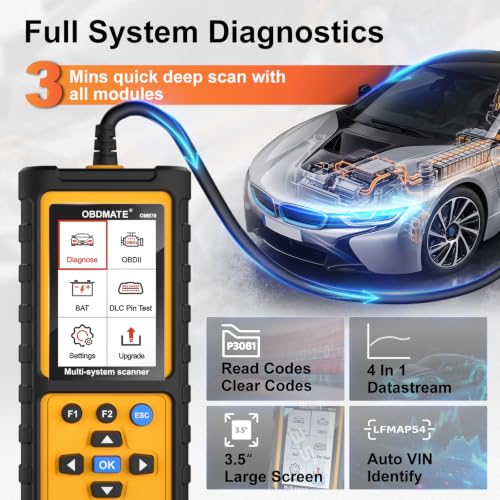 Full-System OBD2 Scanner Car Diagnostic Tool with ABS SRS Transmission Etc | Read & Clear Fault Codes; Read Live Data; Battery Voltage Test; Free Upgrade; Works for Cars and Trucks Since 1996