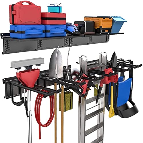 TORACK Garage Storage Organizer Systems, Wall Mount Overhead shelving, 48 inch Heavy Duty Steel Tool Racks, 6-Pack 12'' Double Hooks, 48 inch by 7 inch Floating Shelves, up to 1200Ibs - size: Upgraded Metal Rack