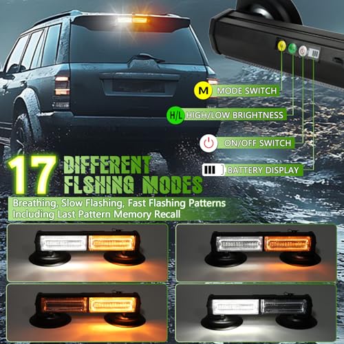 20LED Mini LED Emergency Strobe Lights Bar, Battery Powered Wireless Rooftop Magnetic Beacon Warning Light, with 12V Rechargeable Plug Safety for Trucks, Vehicles and Snowplow (Amber White)