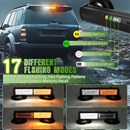 20LED Mini LED Emergency Strobe Lights Bar, Battery Powered Wireless Rooftop Magnetic Beacon Warning Light, with 12V Rechargeable Plug Safety for Trucks, Vehicles and Snowplow (Amber White)