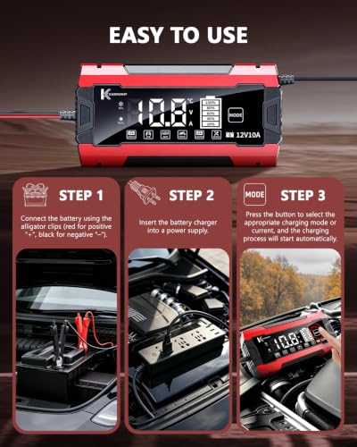 12V 10A Smart Battery Charger for Car and Motorcycle Battery Maintainer & Trickle Charger with Pulse Repair LCD Display Temperature Compensation for AGM Gel SLA Deep Cycle Lead Acid Batteries - color: Red-Black