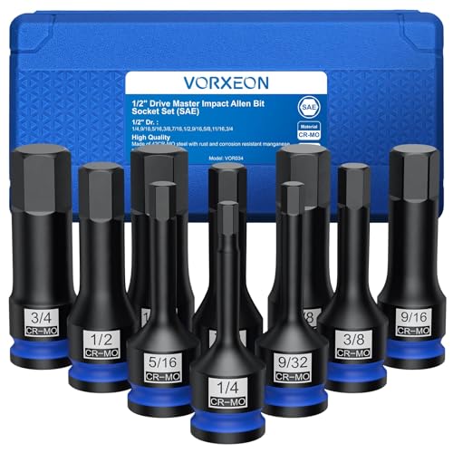 10 PCS 1/2" Drive SAE Impact Allen Hex Bit Socket Set 42CRMO with Storage Case 1/4” 9/32” 5/16” 3/8” 7/16” 1/2” 9/16” 5/8” 11/16” 3/4” - size: Hex SAE