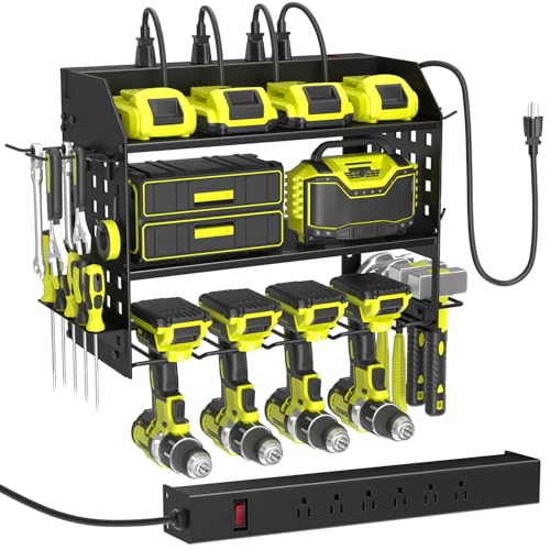 SUNALLY Power Tool Organizer Wall Mount with Charging Station,3 Layer Heavy Duty Metal Tool Storage Rack with 4 Drill Holders, Power Tool Shelf for Garage, Warehouse, Workshop, Gifts for Men, Husband - style: 4 Drill Holders E