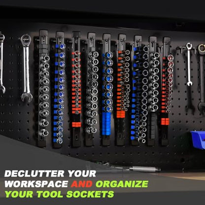 3-Piece Socket Organizer Rail Set, Heavy Duty Socket Holder for 1/4", 3/8", 1/2" Drive, 43 Clips Spring Loaded Ball Bearings for Metric & SAE Sockets, Portable Tool Tray for Toolbox Drawer - size: 3 Pcs