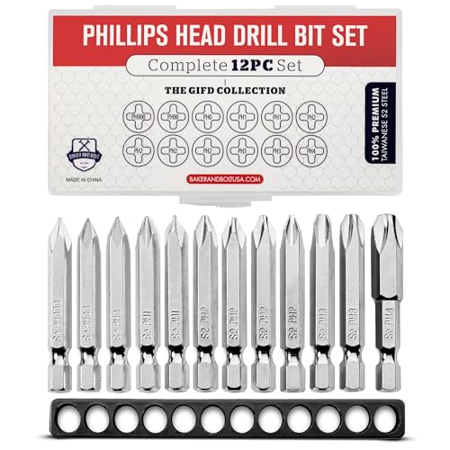 Phillips Screwdriver Drill Bit Set (Premium 12pc Complete Set) w/Storage Case and Bit Holder - 1/4in Hex Shank Magnetic - Impact Ready - S2 Steel - Long 2in Heads for Drills. Baker and Bolt - style: PHILLIPS