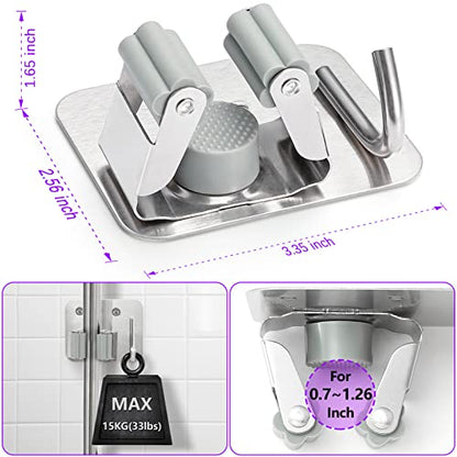 Broom Holder Wall Mount Screw Drilling, Sturdy Heavy Duty Stainless Steel Mop Gripper Rack Perforated, Perfect for Laundry Room Organizer, Fit with Laundry Kitchen Garage Garden Storage System | Drill-Mounted Gripper Rack Holds Brooms, Mops and Garden Too