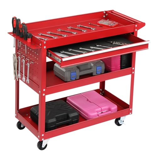 Winado 3 Tier Steel Utility Tool Cart with Drawer & Pegboard, Red | 330 lbs Capacity Rolling Service Cart with Lockable Wheels, Heavy Duty Garage Workshop Tool Storage for Warehouse, Factory