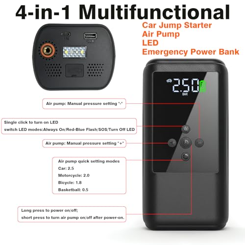 Jump Starters with Air Compressor | 250PSI Tire Inflator Portable Car Battery Booster with, 12V Supersafe Lithium Jump Box Car Battery Jumper Starter (10.0 Gas/6.5L Diesel)