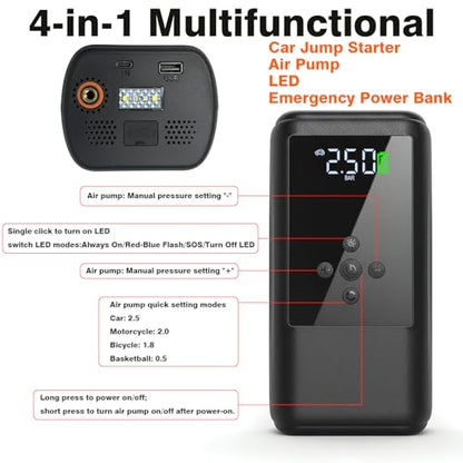 Jump Starters with Air Compressor | 250PSI Tire Inflator Portable Car Battery Booster with, 12V Supersafe Lithium Jump Box Car Battery Jumper Starter (10.0 Gas/6.5L Diesel)